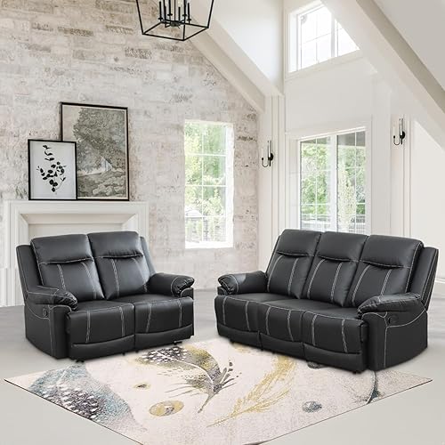 Leather Recliner Sofa Set,Living Room Furniture Set, Reclining Sofa Sets Apply Office and Home(Leather Sofa Set 2-Piece) Black
