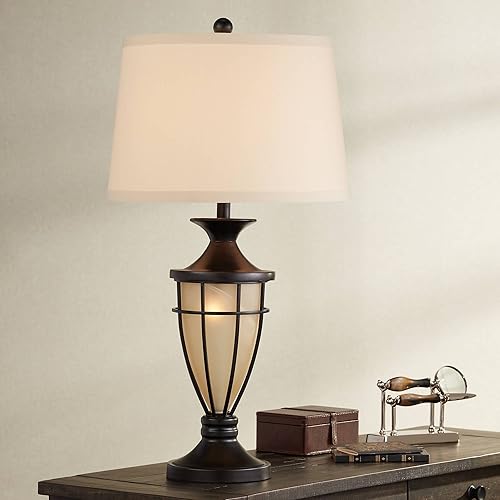 Miniatura 2 de John Timberland Mission Style - Lámpara de mesa con luz nocturna de 33 pulgadas de alto, vidrio champán, jaula de hierro cepillado, pantalla de