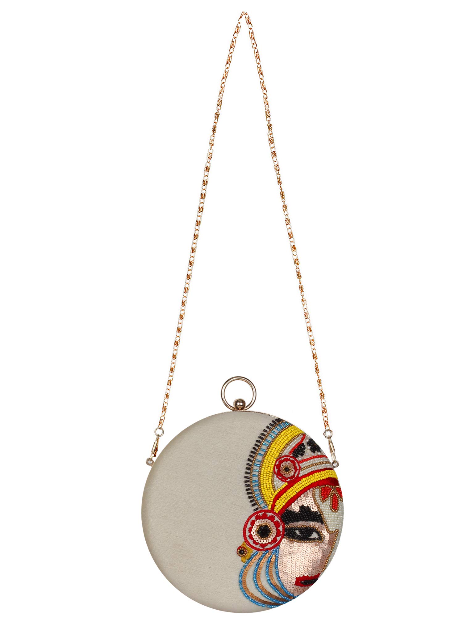 Anekaant Women's Faux Silk Kathak Multicolour Embroidered Round Clutch (White) 2