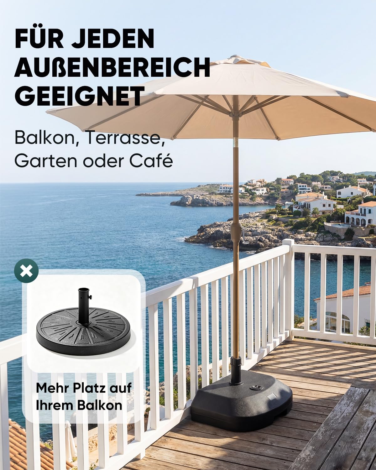 Sekey Sonnenschirmständer Balkon, Schirmständer Halbkreis mit 24L Fassungsvermögen, bis 32 kg Sand oder 24 kg Wasser, passend für Schirmstöcke 32-38 mm, standsicherer Boden für Gartenschirm