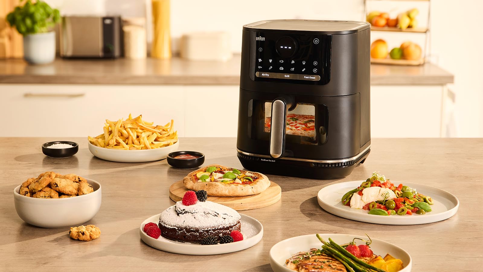 Braun MultiFry 5 HF5073IBK, Freidora de Aire 3 en 1, Control Digital Táctil Temperatura 80-200°, Tecnología RealOven, 20 Programas Automáticos, Recipiente 6L Apto para Lavavajillas, 2000W, Negro Mate