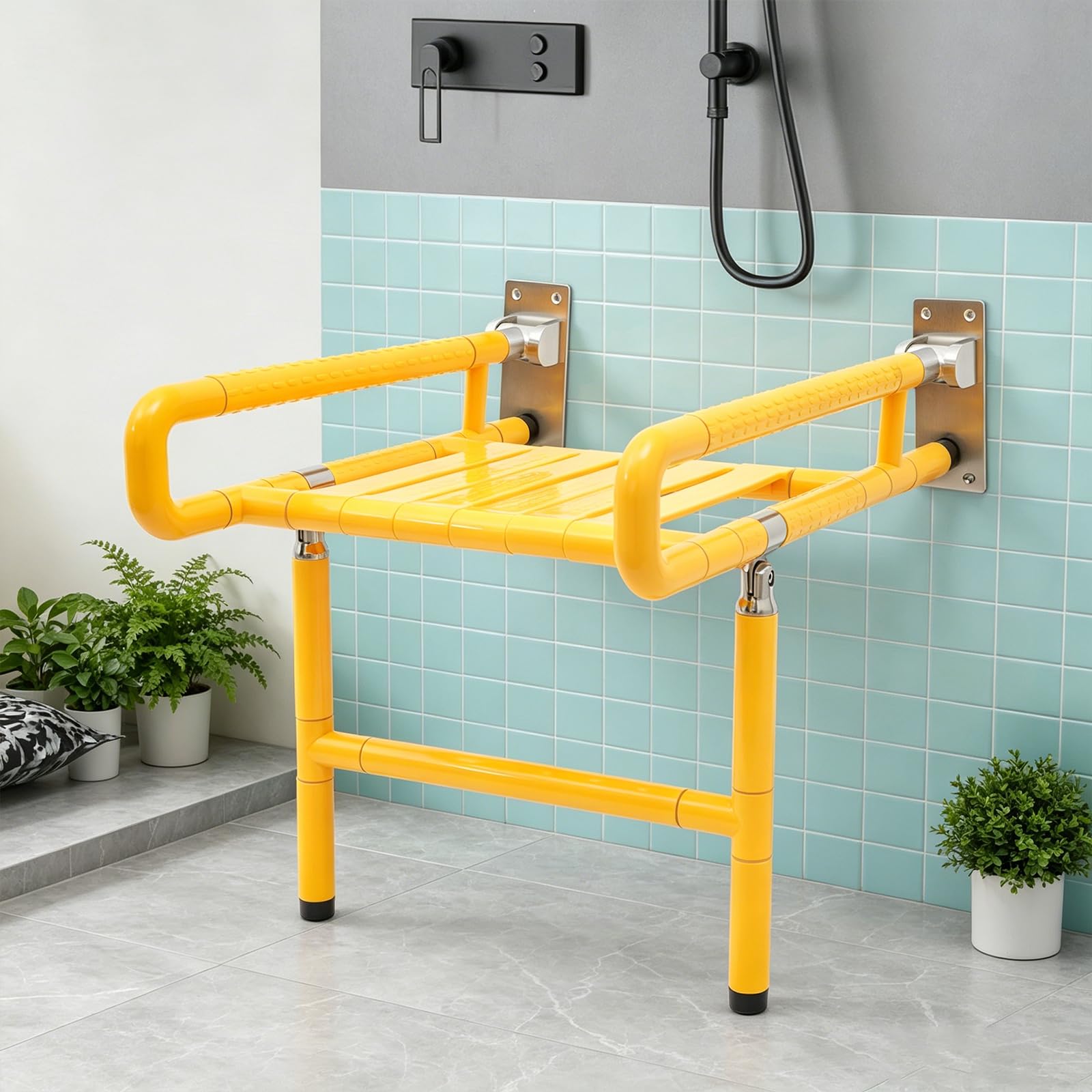 Silla de ducha plegable con barra de agarre, asiento de ducha montado en la pared para adultos, soporta 440 libras, asiento de ducha plegable de acero inoxidable con tablero de asiento de nailon de