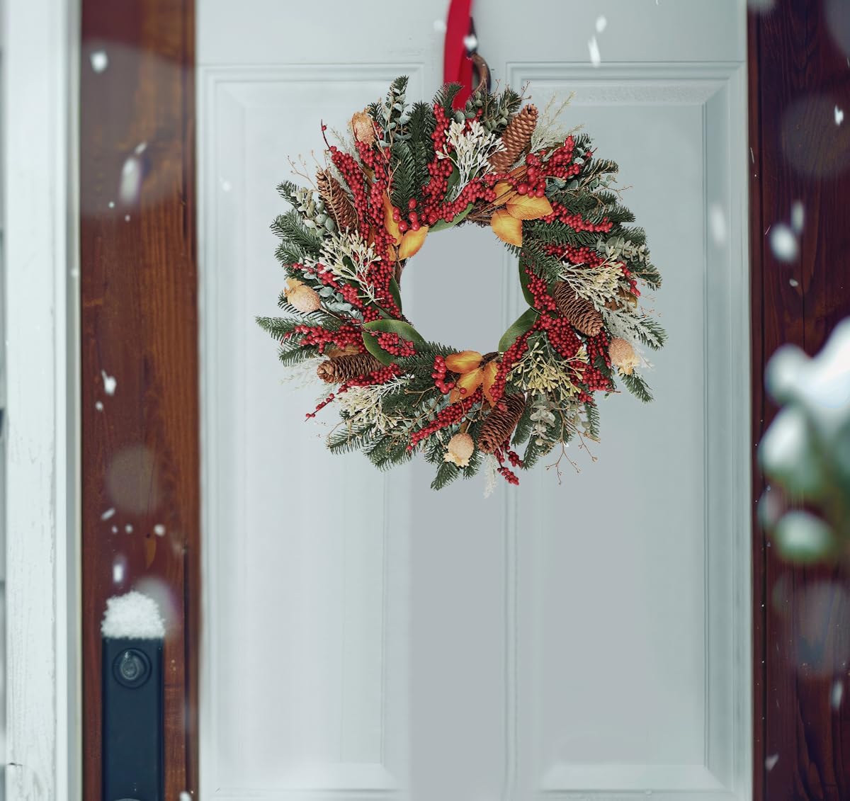 24" Christmas Wreaths for Front Door, Various Red Berries & Magnolia Leaves Pinecones Winter Xmas Wreath Outdoor Holiday Decor, Fall Door Wreath for Farmhouse Front Porch Wall Window - Image 2