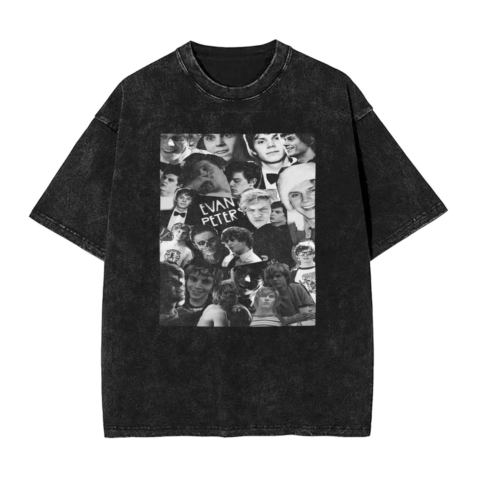 Viplili Unisex Black Evan Actor Peters T-Shirt Washed Vintage Shirt Print Crewneck Top Tee Short Sleeve T-Shirt For Men, Women, 5 Sizes