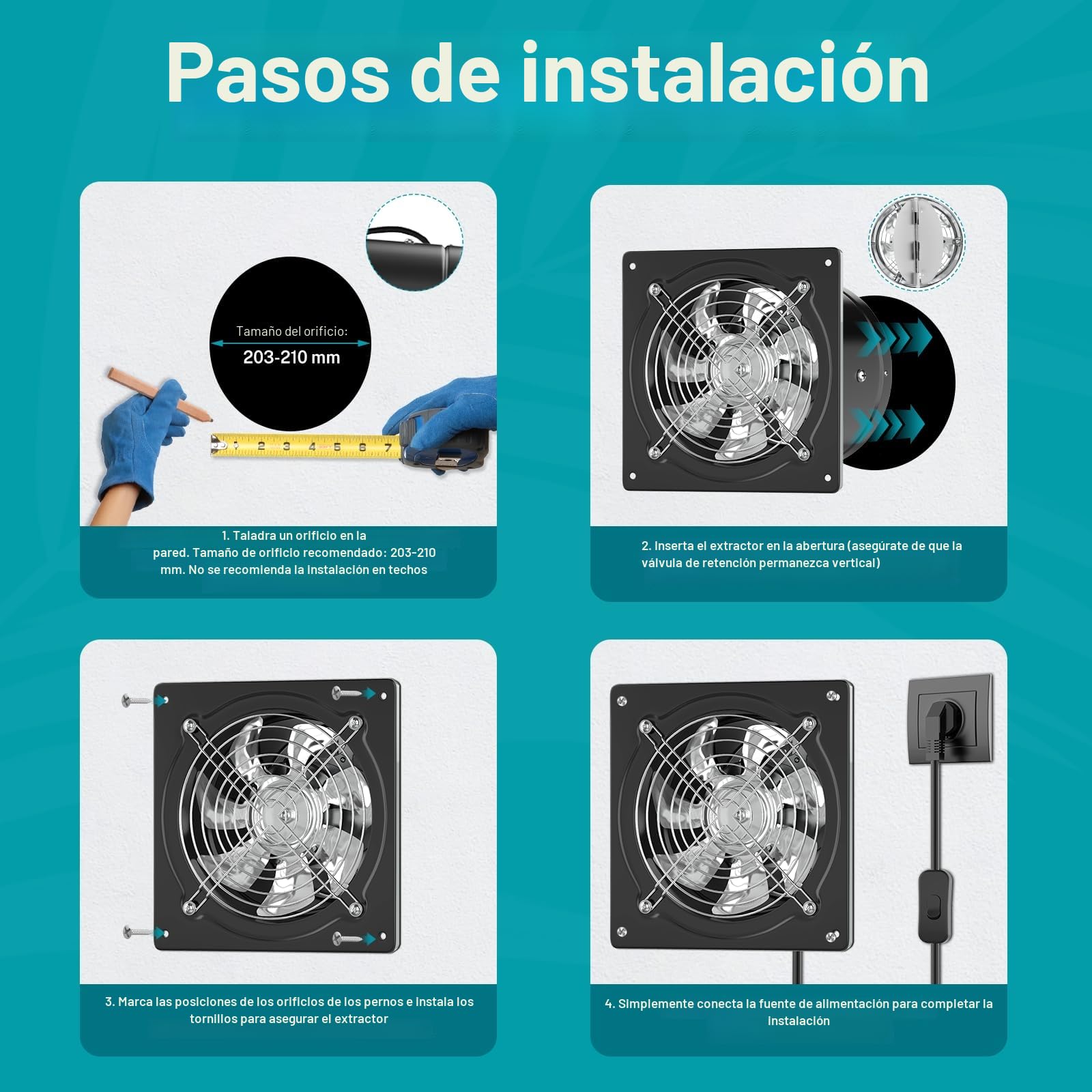 HG Power Extractor de Aire 200mm Ventilador de Baño 980m³/h Silencioso con Aleta de Retorno Potente Ventilador Metálico de Pared con Enchufe EU para Cocina Garaje Sótano, Negro