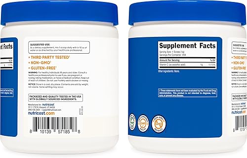 Miniatura 6 de Nutricost polvo de ácido ascórbico puro vitamina C, 1G por porción, alta calidad, soporte del sistema inmunológico., 1