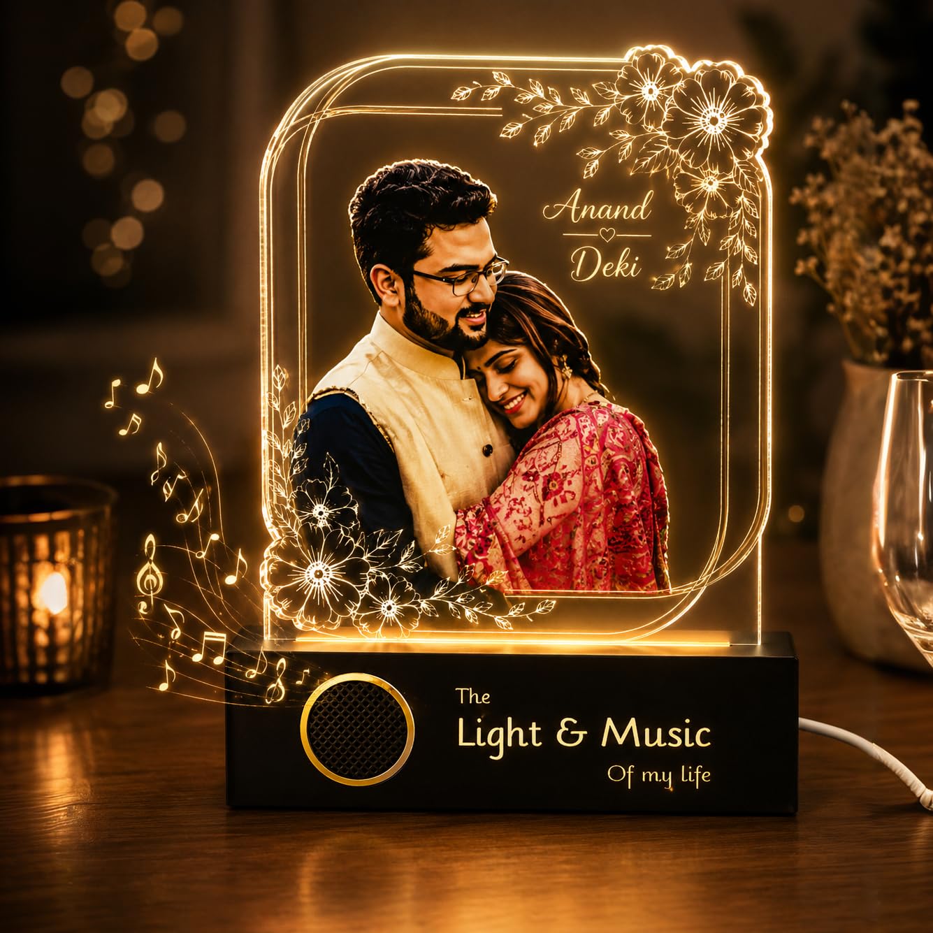 ZOCI VOCI Personalized Valentine Gift for Couple - LED Photo Frame | Customized Anniversary Gift for Wife & Husband | Photo Engraved Lamp (Precious UV, Warm Light + BT Speaker)-image-33