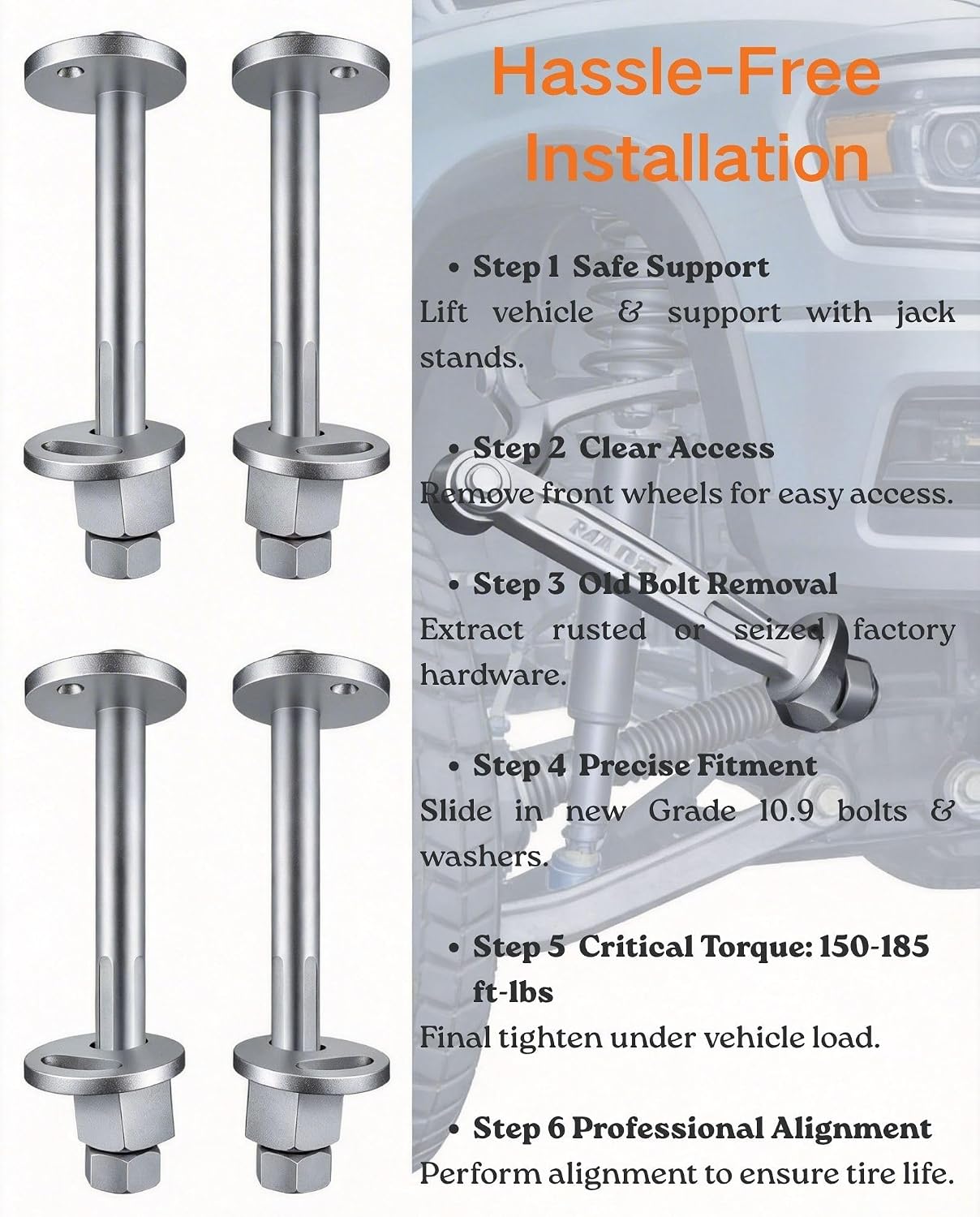 4 Pcs Front Lower Control Arm Camber Caster Bolt Kit Fit for Dodge Ram 1500 2006-2024, Fit for Ram 1500 Classic 2019-2024, Fit for Wagoneer 2022-2024, Grade 10.9 Alignment Hardware Set, Replace 13817