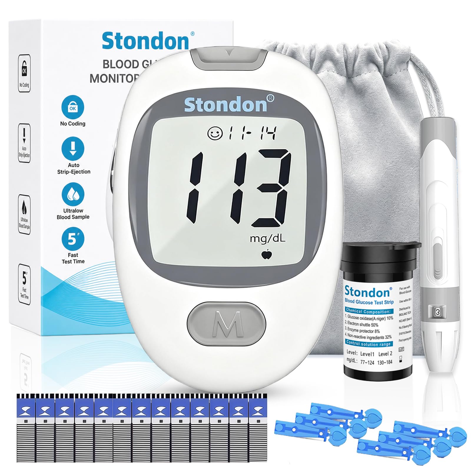 Stondon G-430 Blood Glucose Monitor Kit, 50 Strips & Lancets for Diabetes | Blood Sugar Testing Kit,Diabetic Home Testing Kit,No Coding,Large Display,5-Second Results,500-Reading Memory, 0.7 μL Sample