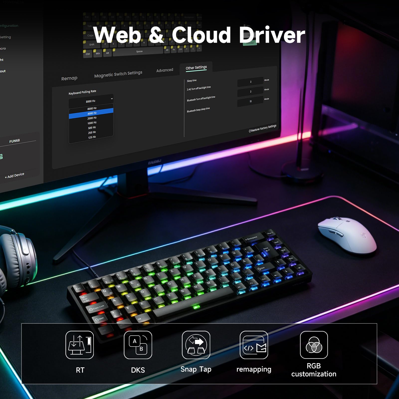 MONSGEEK FUN68 HE Teclado 65% Hall Effect 8K QWERTZ ISO-DE Cable | Teclado RGB Gaming, Rapid Trigger, RT0.005mm, 8000Hz, Activación Ajustable, Snap Tap Win/Mac (Negro)