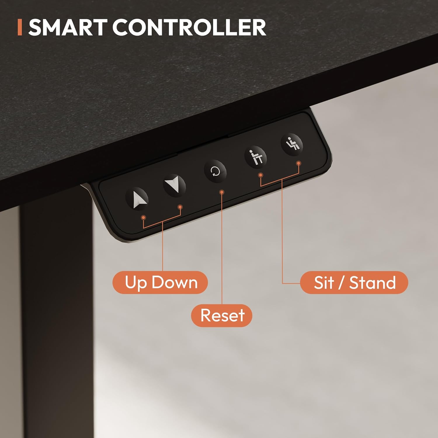 Close-up of the SANODESK S1Q smart controller with buttons labeled Up, Down, Reset, and two Sit/Stand memory presets.
