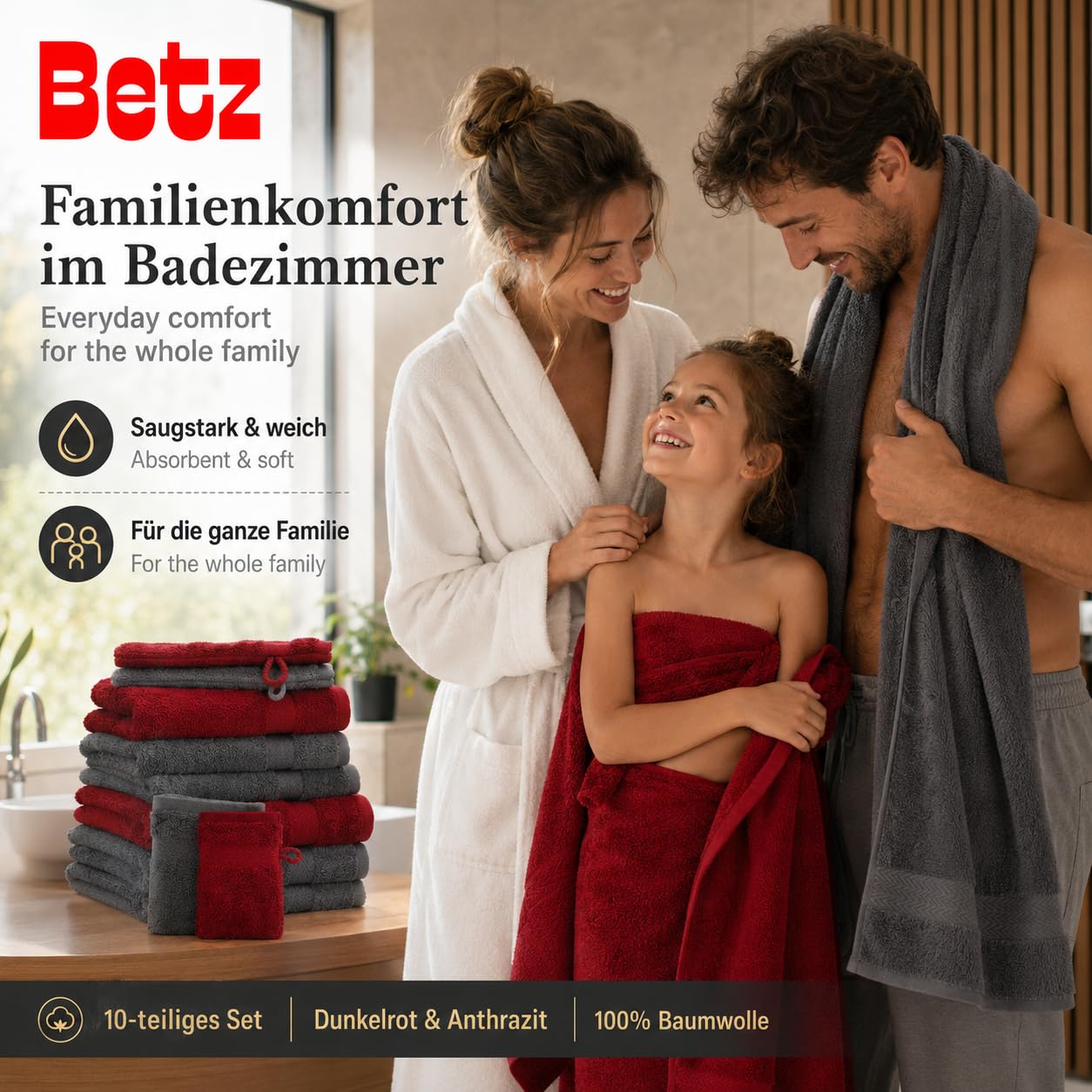 Betz 10-teiliges Premium Handtuchset - 100% Baumwolle Frottee - Saugstark & Hautsympathisch - 2X Duschtücher - 4X Handtücher - 2X Gästetücher - 2X Waschhandschuhe - Farbe Dunkelrot & Anthrazit
