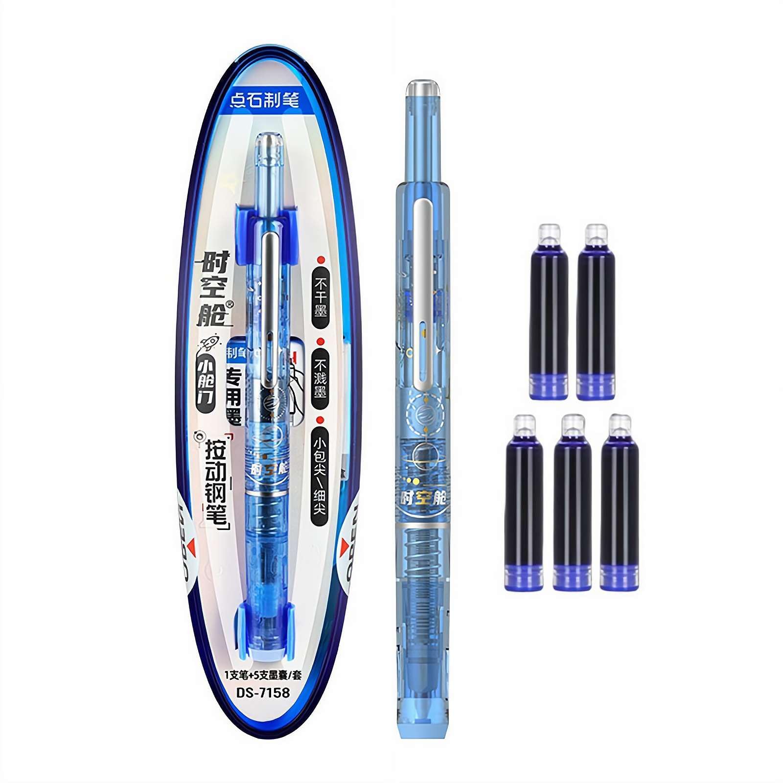 Portable Retractable Fountain Penble, Blue&black Ink Transparent Barrel Includes 5 Refillable Ink Cartridges, Medium Nib Transparent Barrel for Smooth Writing No Leaking, InkBlue