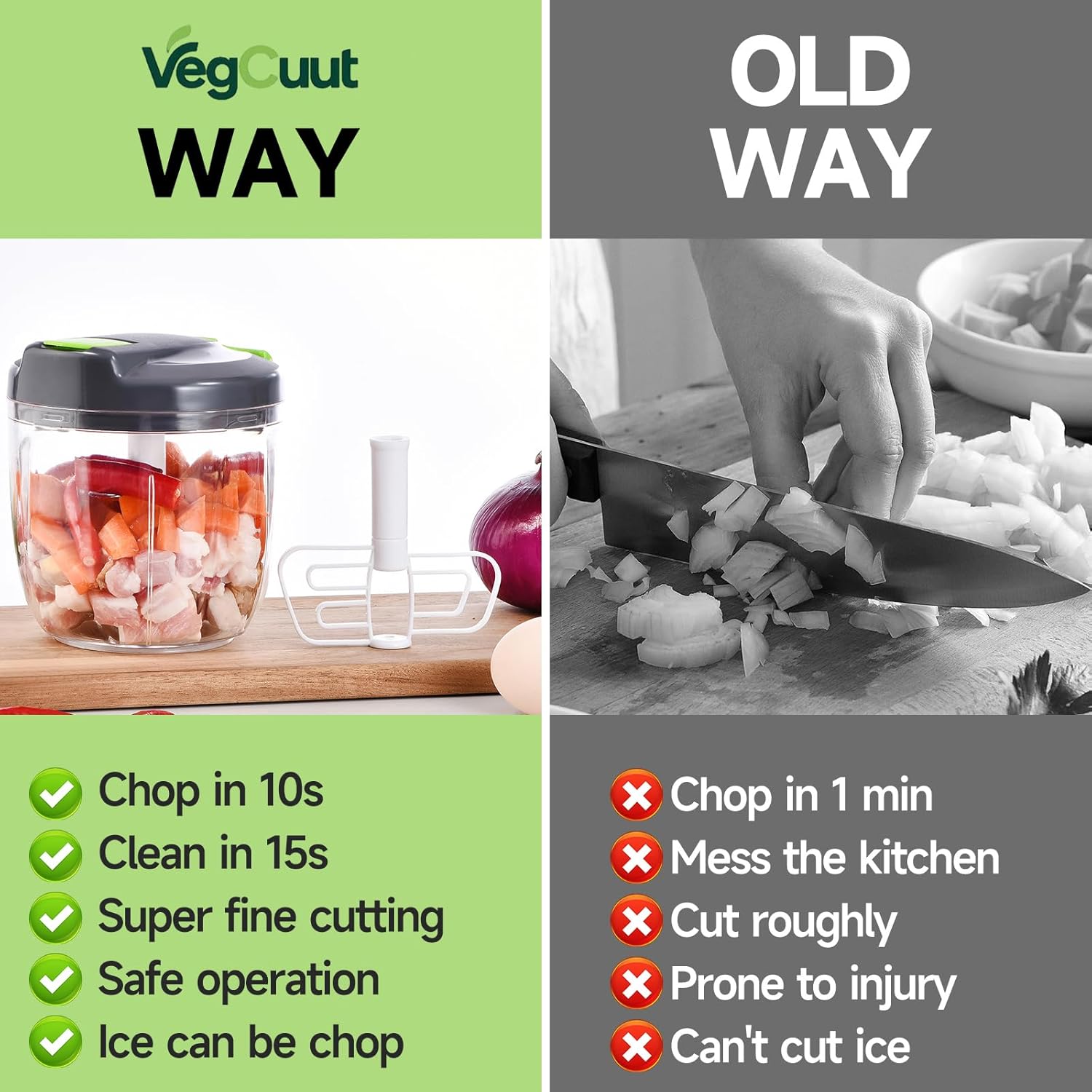 Pull & Chop Food Processor, Portable Multi-Function Manual Food Processors & Hand Chopper/Mixer/Blender for Veggies, Ginger, Fruits, Nuts, Herbs 900ml （Green）
