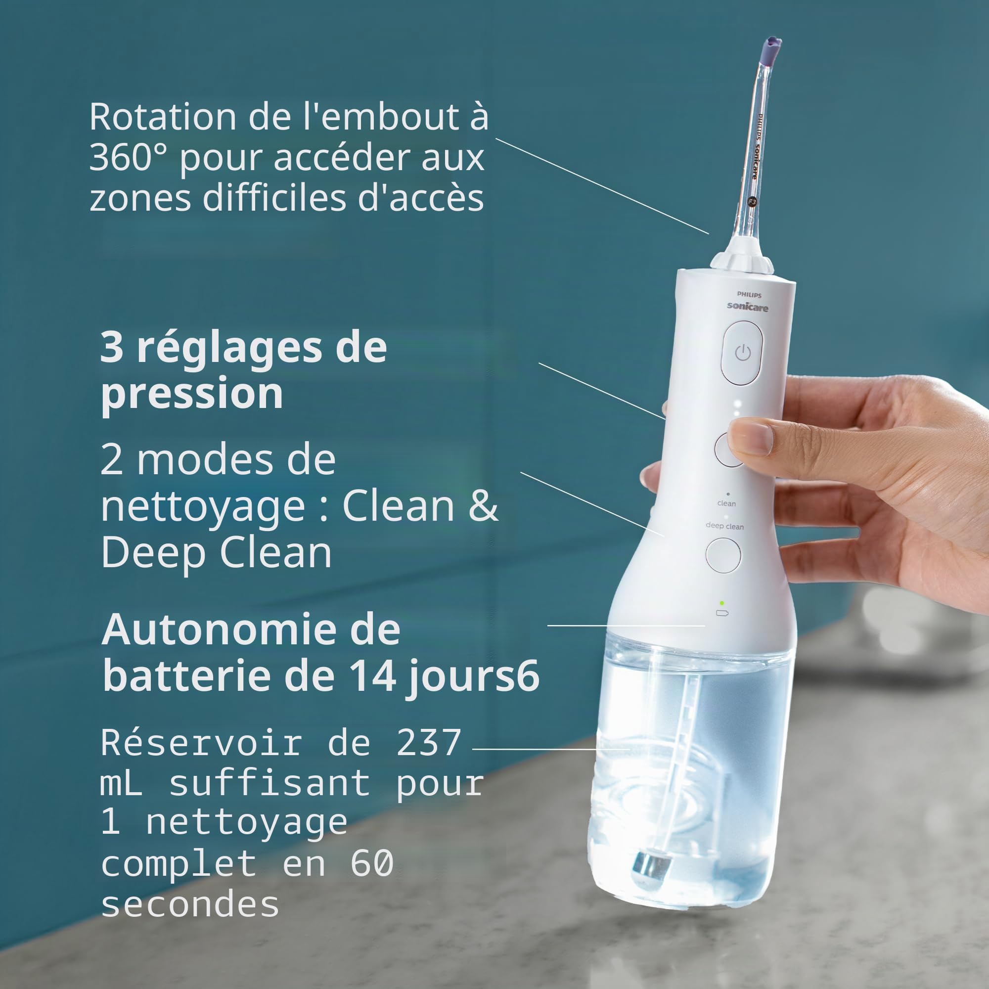 Philips Sonicare Cordless Power Flosser 3000 - Water Flosser with Innovative Quad Stream Technology, Oral Irrigator with 2 Flossing Modes and 3 Pressure Levels, IPX7 Waterproof, White, HX3826/21