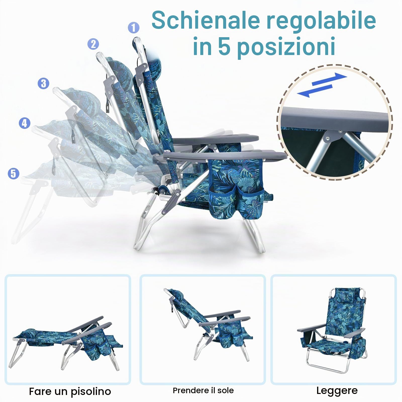 KOMFOTTEU Set di 2 Lettini Prendisole Pieghevoli e Tavolino, Lettini da Spiaggia con Poggiatesta e Schienale Regolabile, Sedie Sdraio Portatile con Borse Laterali per Giardino, Piscina (Blu Marino)
