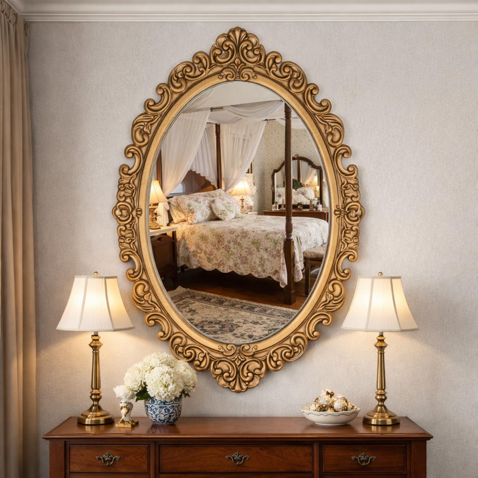 24" x 36" Vintage Gold Mirror for Wall, Antique Gold Oval Baroque Mirror with Imitation Metal Frame, Ornate Wall Decor for Entryway, Fireplace, Living Room, Hallway