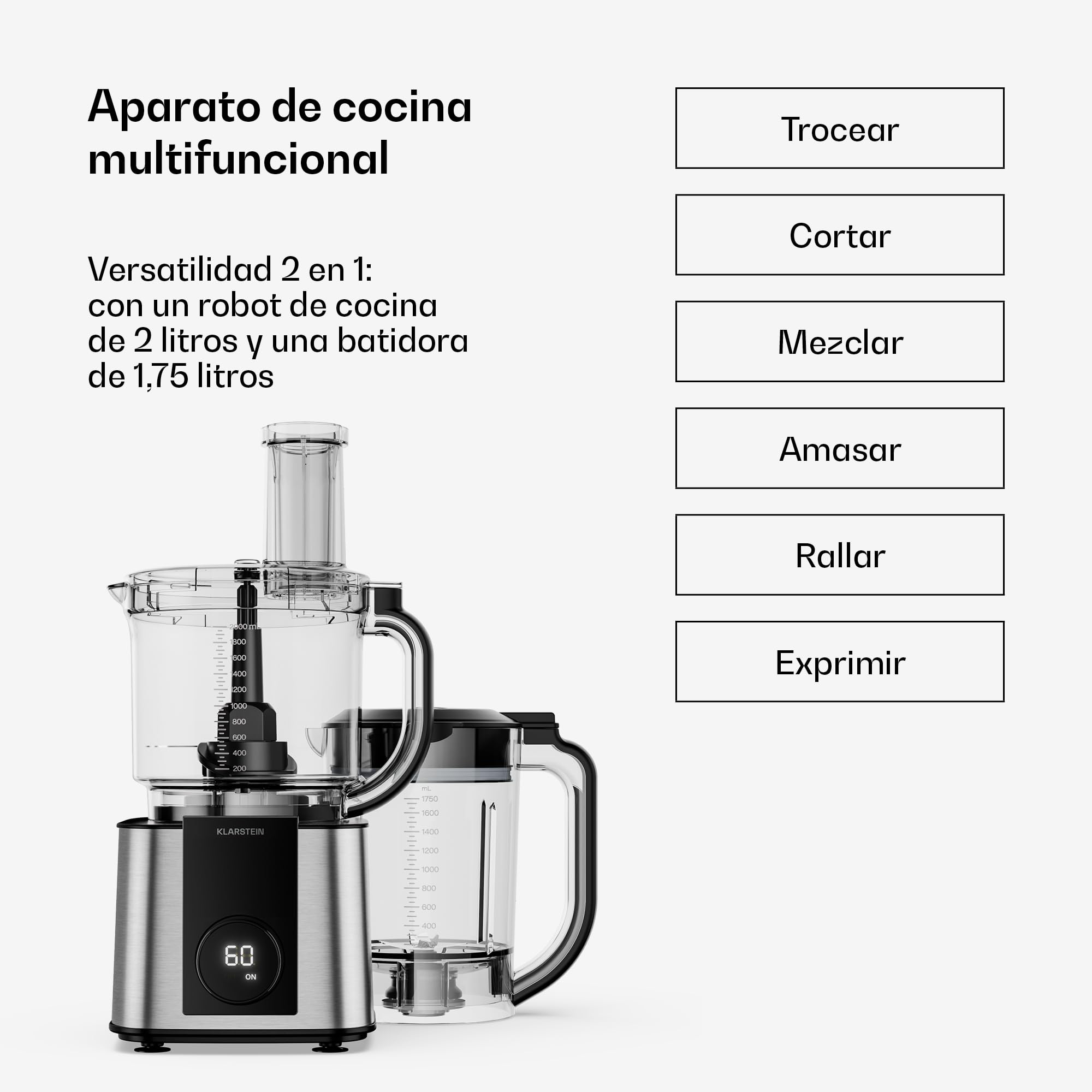 Klarstein Robot de cocina, Verosteel con batidora – Robot de cocina multifunción de 1200 W, recipiente de 2 L, batidora de 1,75 L, 10 velocidades, 6 programas, exprimidor y picadora de carne