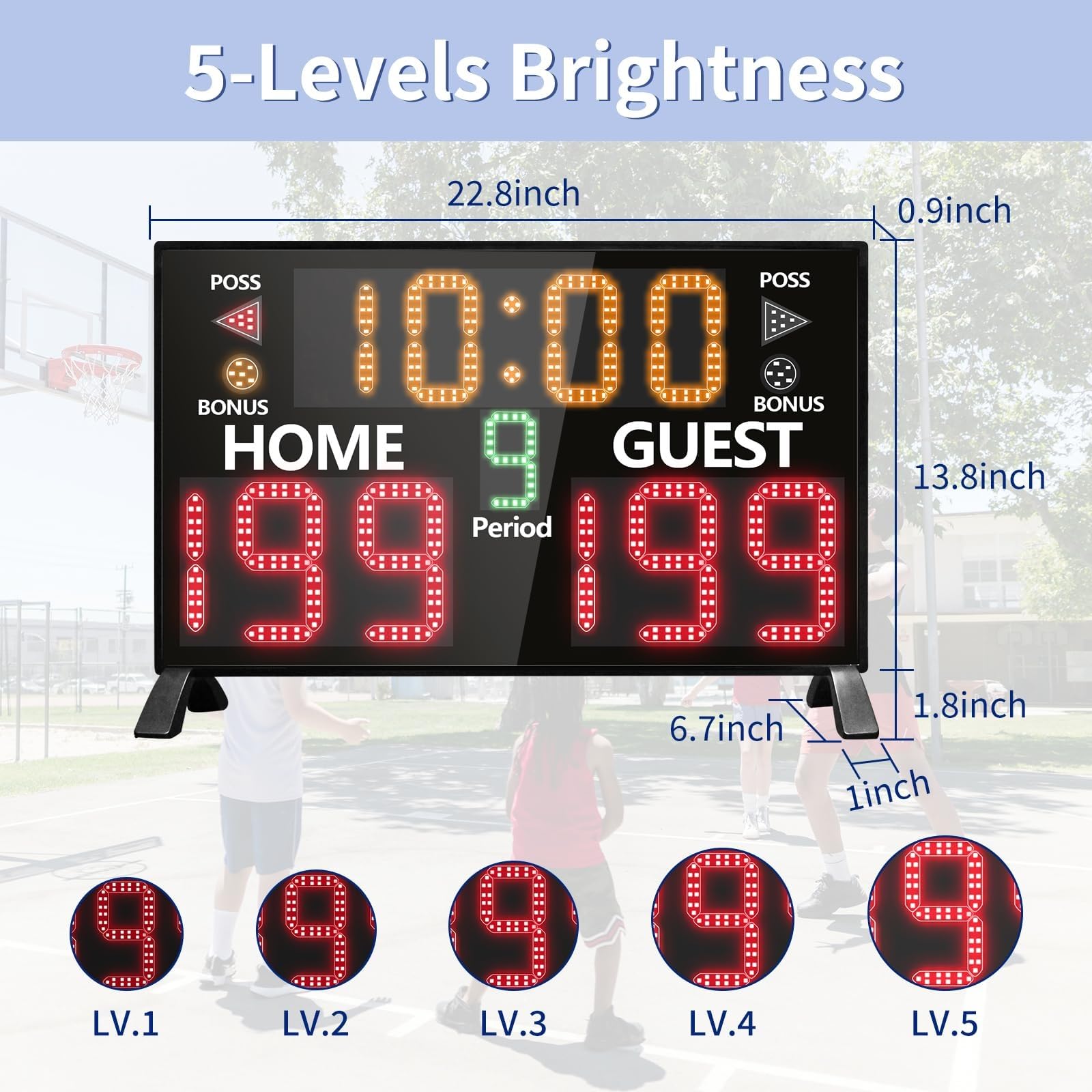 Marcador digital LED de baloncesto con control remoto, instalación de mesa y pared, reloj temporizador, función de zumbador, 5 niveles de brillo