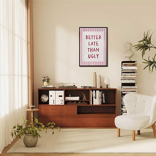 Miniatura 6 de Lienzo rosa preppy con texto en inglés "Better Late Than Ugly", arte de pared de coqueta de moda, póster de habitación de adolescentes y niñas,