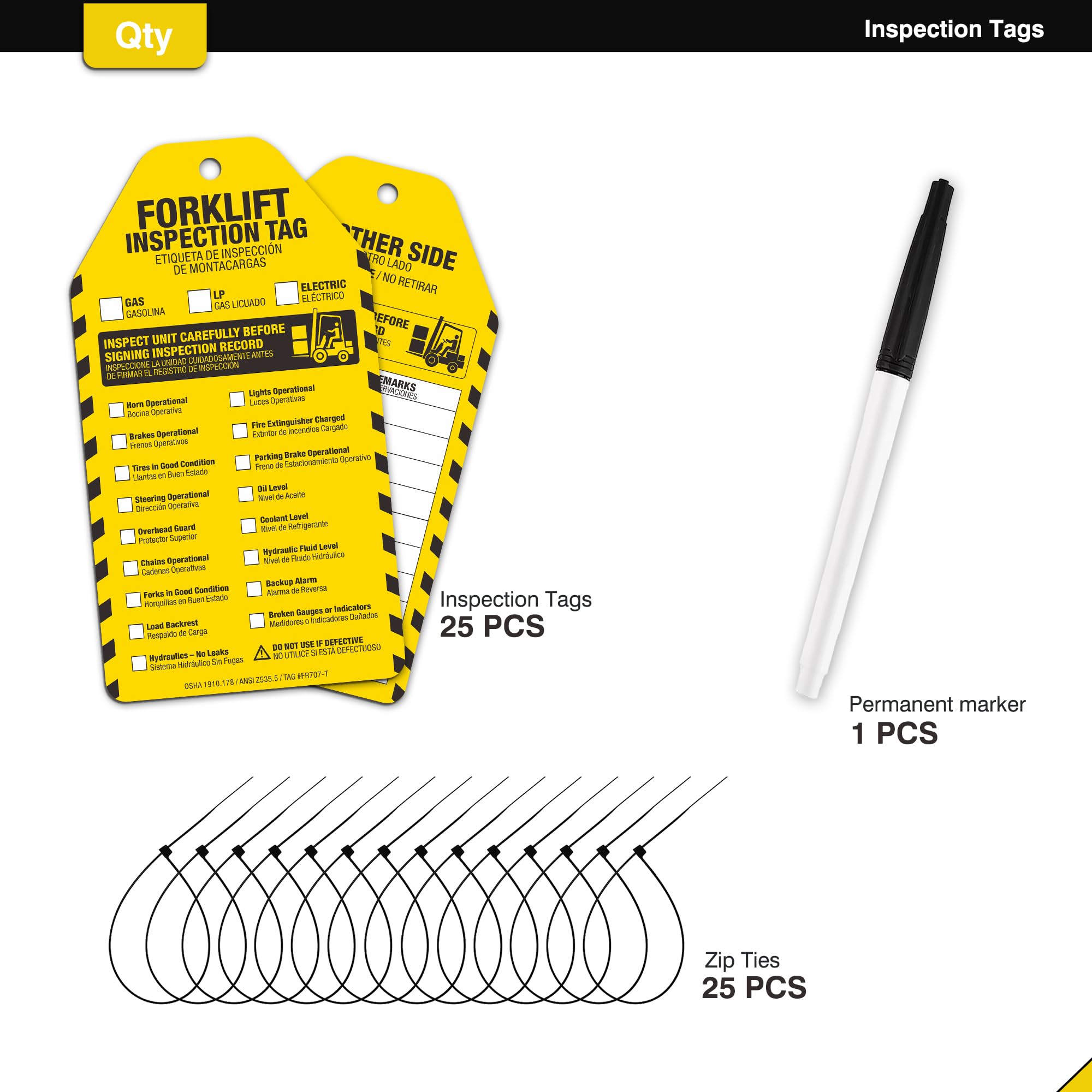 Forklift Inspection Tags, 25 Pack, Bilingual English/Spanish Forklift Safety Record Checklist Tags, Waterproof PVC, OSHA/ANSI Compliant