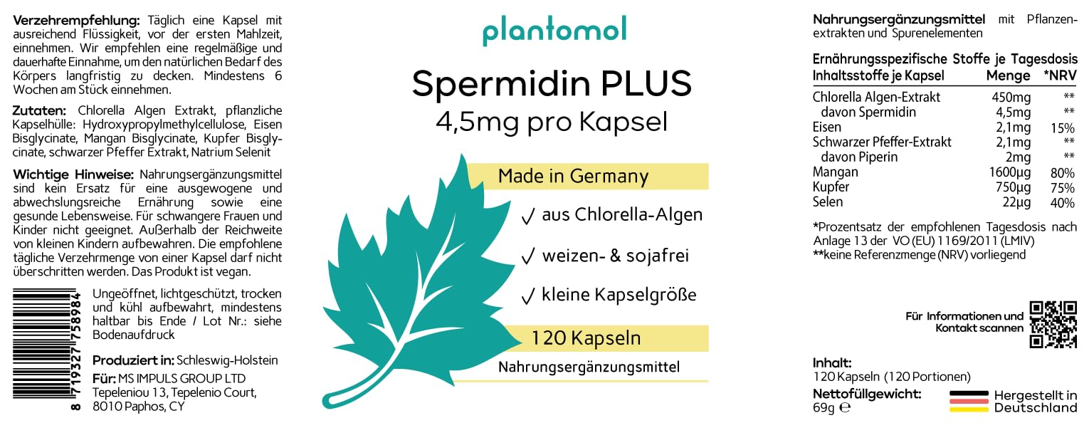 Spermidin Kapseln hochdosiert - 4,5mg Spermidine pro Kapsel - Gehalt durch externes Labor bestätigt - 4 Monatsvorrat - 120 Spermidin PLUS Kapseln