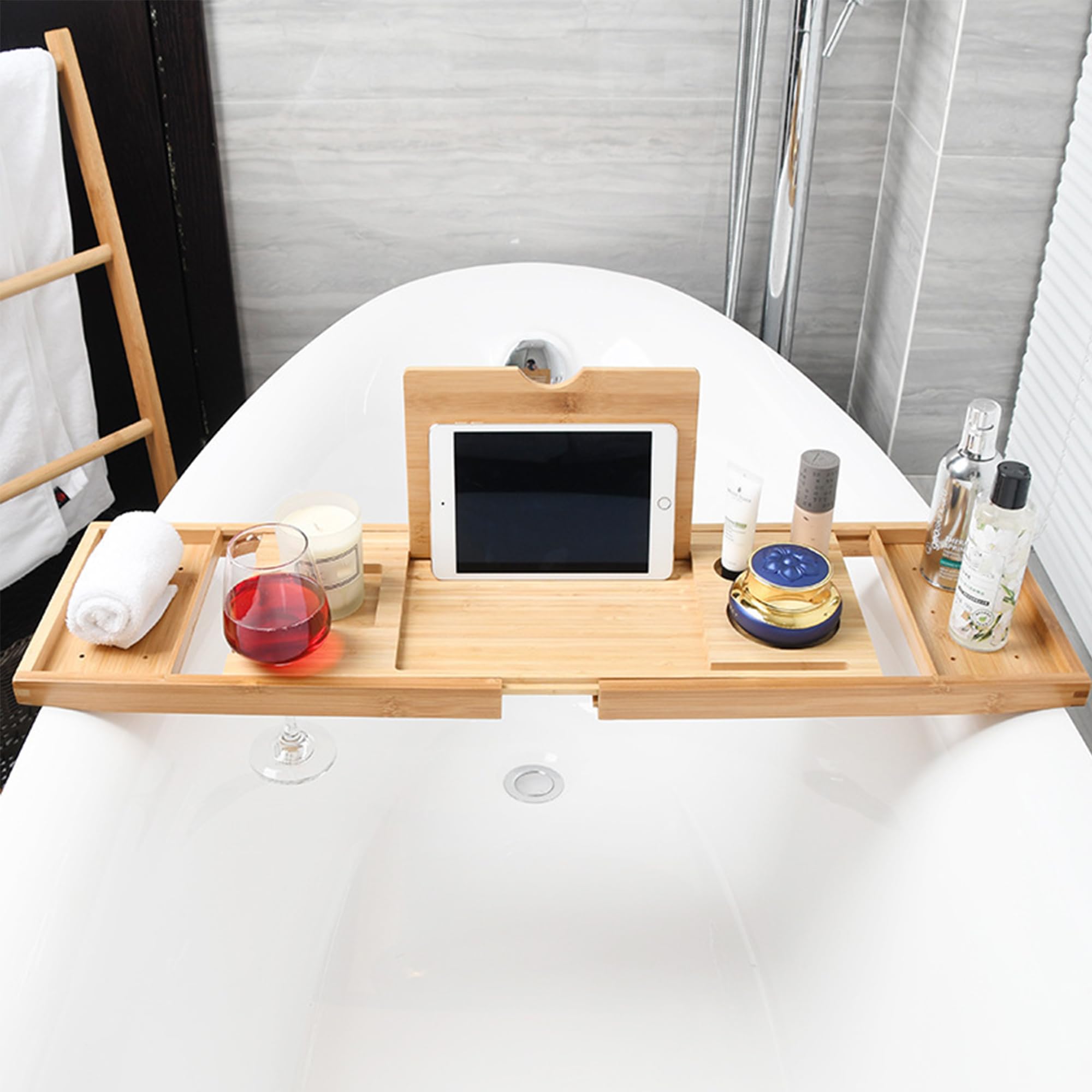 Bandejas de Baño, Bandeja para Bañera Extensible, Bandeja de Bambú para Bañera, Bandeja de Bañera de Madera con Ranura para Copas de Vino, Rejilla para Tableta y Bandeja de Bambú Extraíble