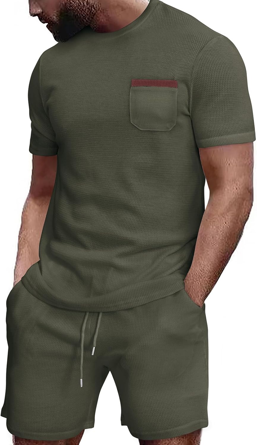 Annystore Mens Shorts Sets 2 Piece Outfits Summer Tracksuit Waffle Short Sleeve T Shirts and Shorts Set Beach Outfits