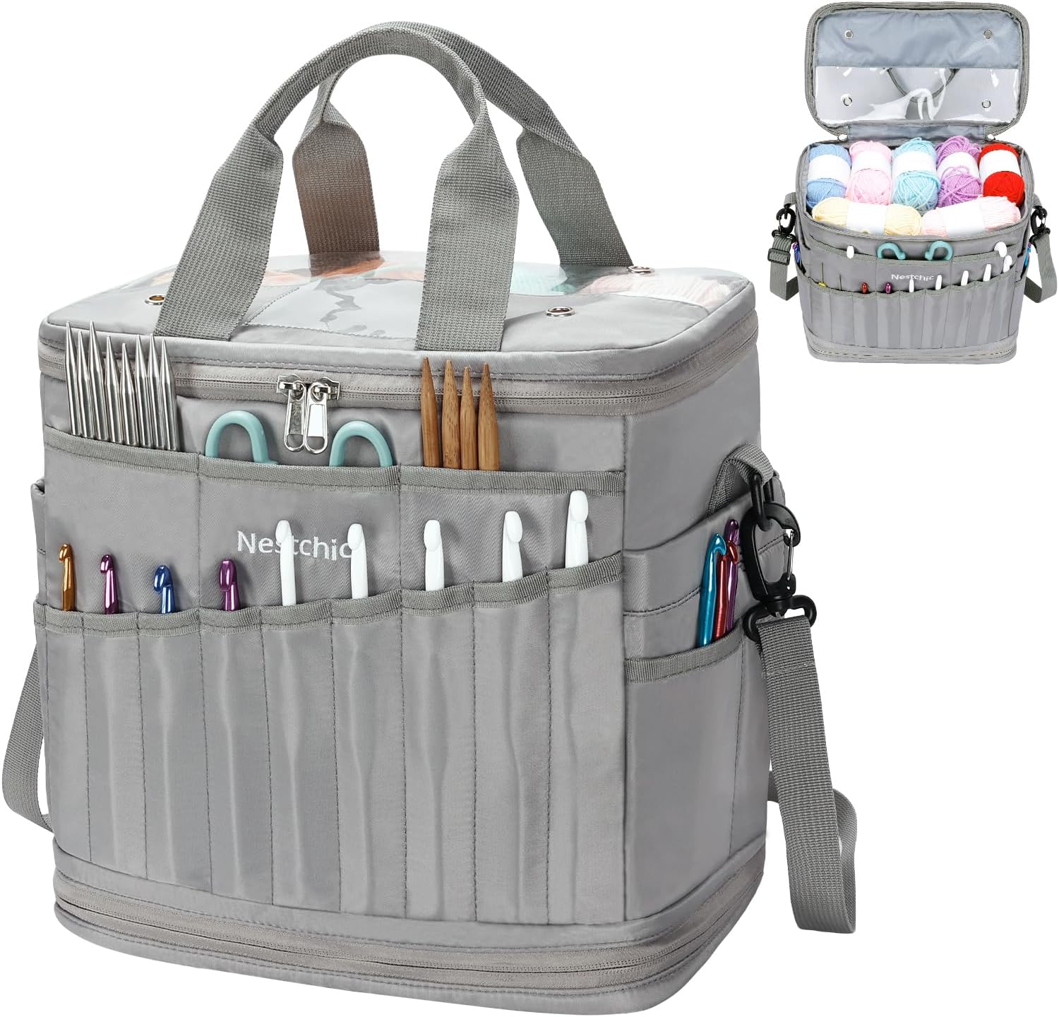 Expandable Crochet Bag,Anti-Tangle Yarn Storage Organizer, Durable Knitting Project Bags for Crocheting Accessories, Portable Travel Yarn Bag for Knitters & Crocheters.ldeal Gift for Women (Gray)