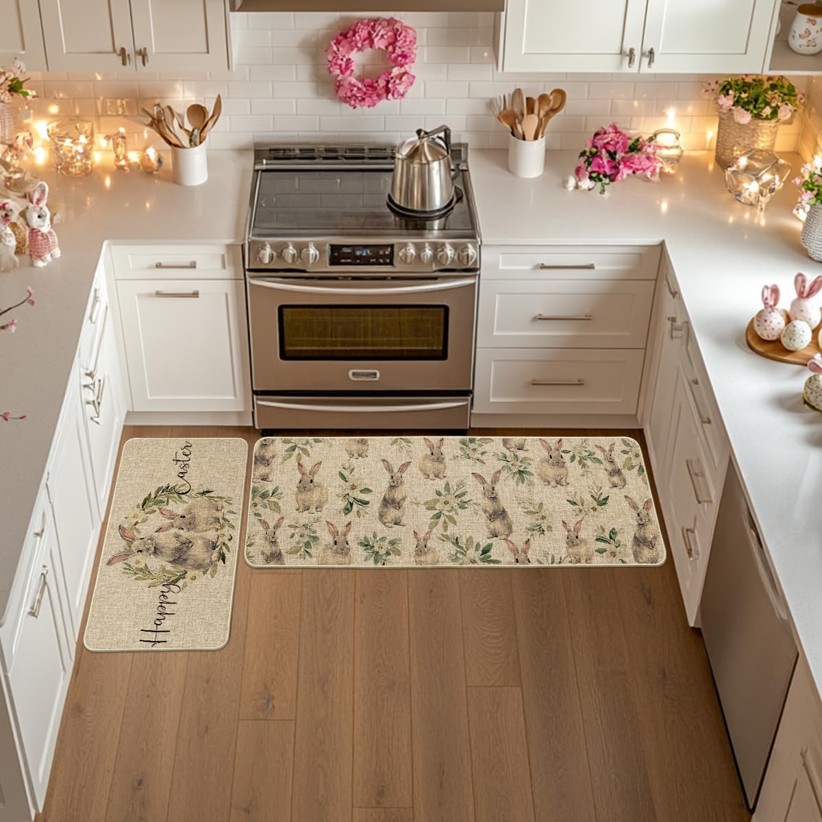 Artoid Mode Flower Wreath Bunny Rabbit Happy Easter Kitchen Mats Set of 2, Spring Home Decor Low-Profile Kitchen Rugs for Floor - 17x29 and 17x47 Inch