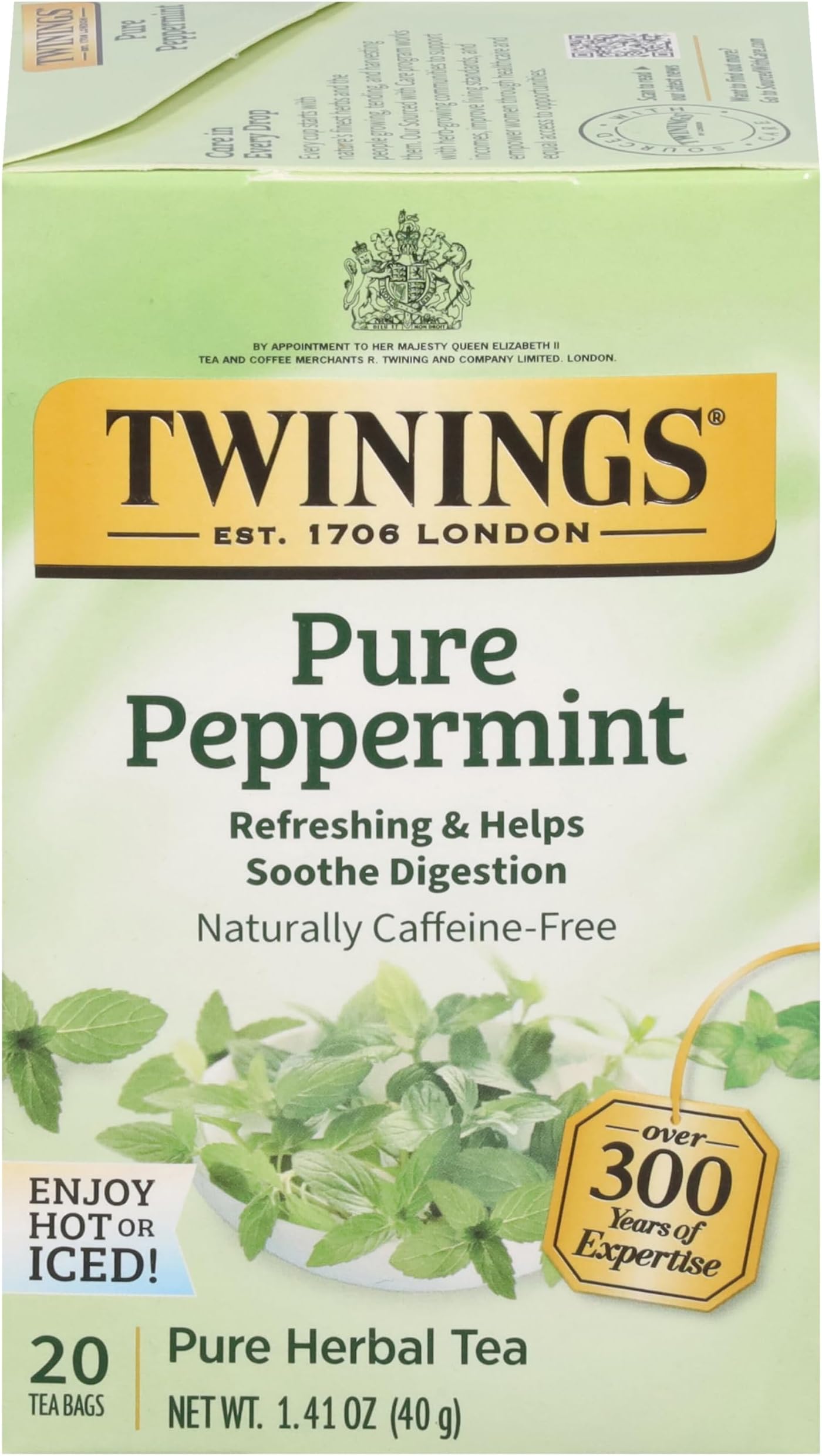 Twinings Pure Peppermint Individually Wrapped Tea Bags, 20 Count (Pack of 1), Fresh Minty Flavour, Naturally Caffeine Free, Enjoy Hot or Iced