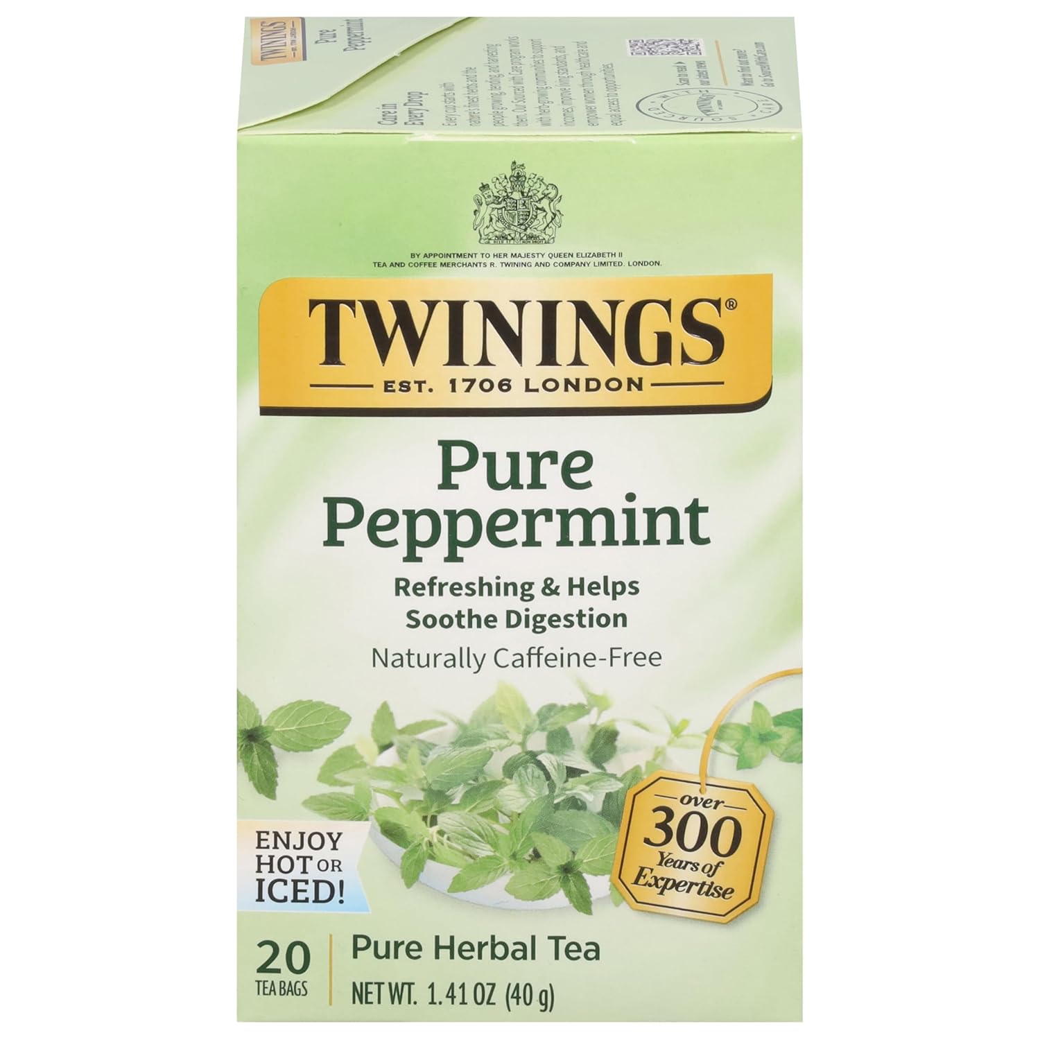 Twinings Pure Peppermint Herbal Tea, 20 Individually Wrapped Bags - Naturally Caffeine-Free, Refreshing Minty Flavor, Hot or Iced