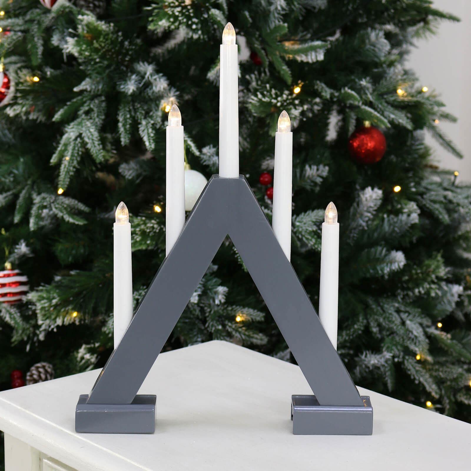Mr Crimbo Light/Grey 5 Christmas Candle Arch Wooden Decoration Bridge Led 40Cm