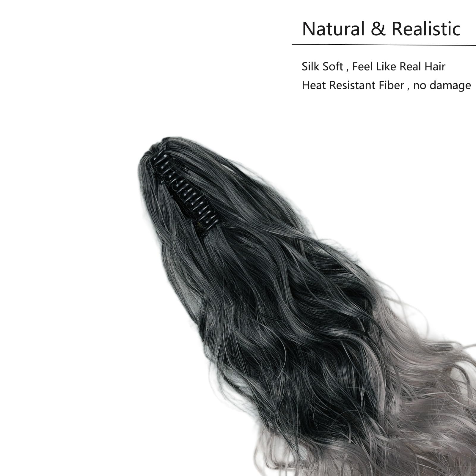 Cybelleza Ponytail Extension Curly Wavy Claw Jaw Pony Tail Clip in Hair Extensions Hairpiece Synthetic Long for Women (Black Ombre Grey) - Image 3