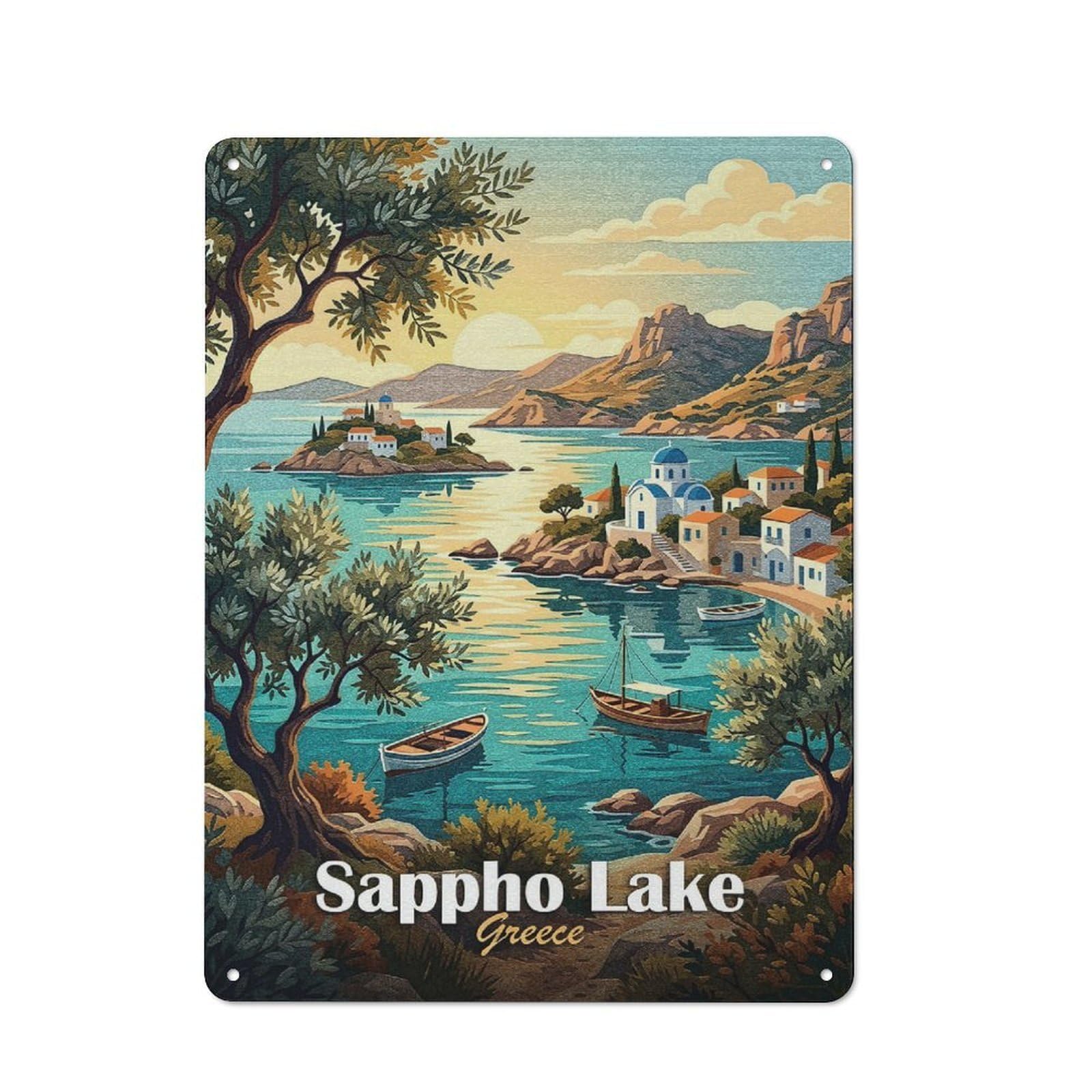 Junmoney Style-17 For Garden Room Or Summerhouse, Sappho Lake Greece Landscape Painting Retro Metal Sign 40X30cm, For Vintage Wall Decor Fans, For Metal Sign Collectors