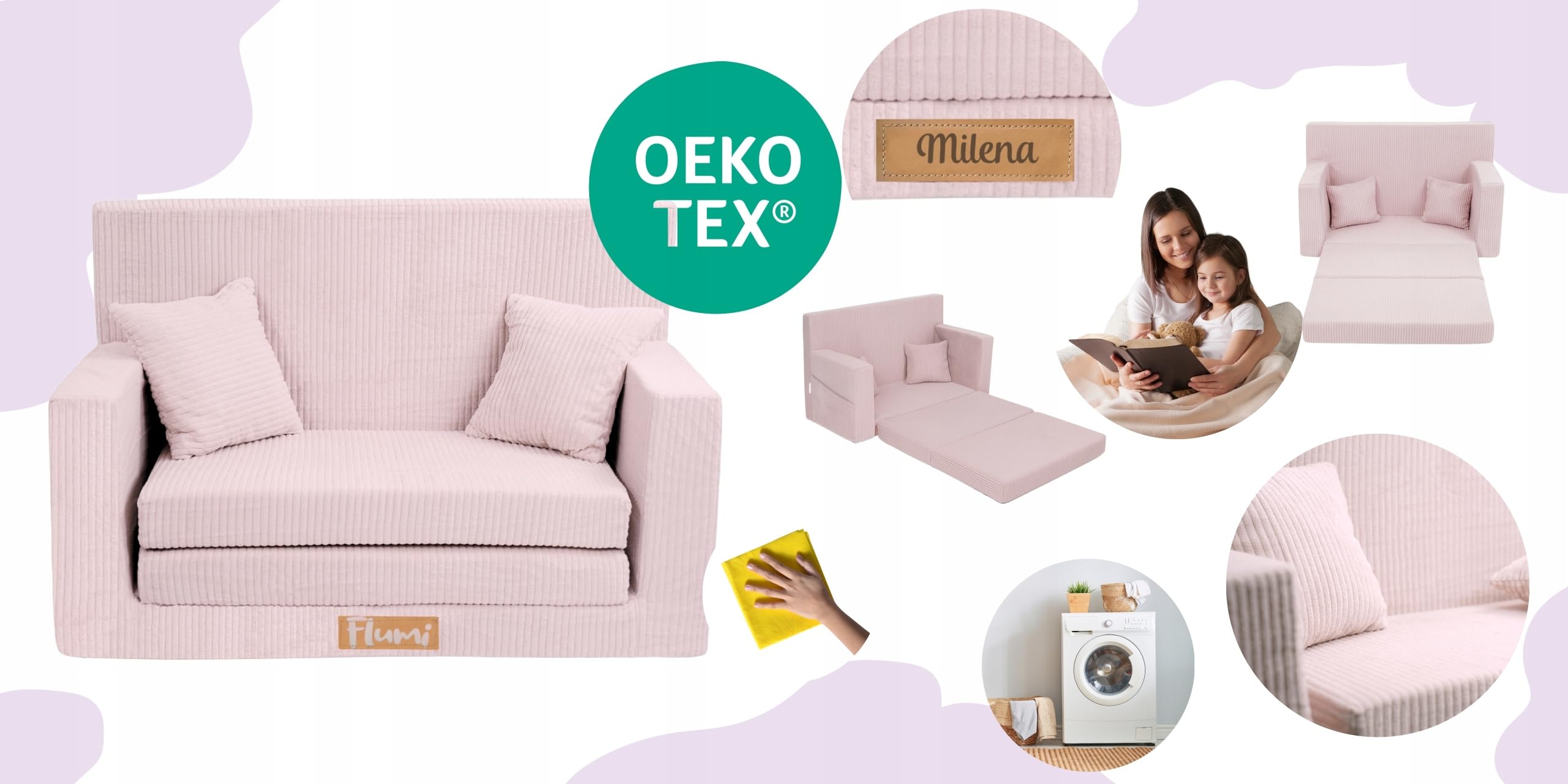 Flumi Personalizzato Divanetto Bambini con Funzione Sleep - 3 in 1 | Divani Piccoli | Divano Bambini | Colore: (velluto a coste Rosa)