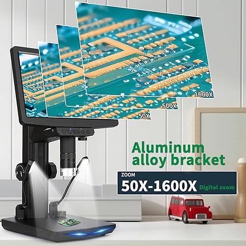 Miniatura 3 de KMDES Microscopio digital IPS de 7 pulgadas con pantalla, microscopio de moneda 1600X, microscopio de soldadura HD 1440P con luz, 10 luces LED