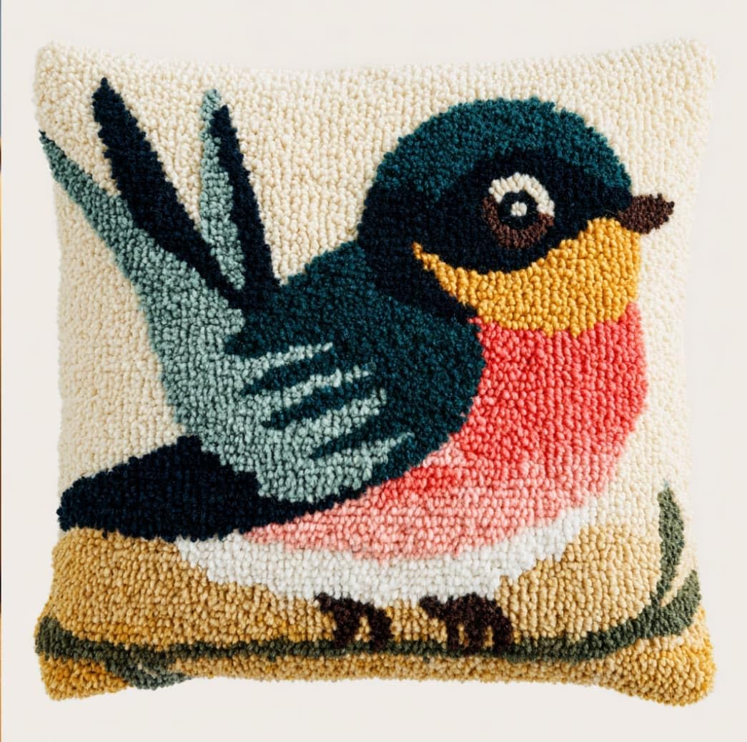 WallustrioaW DIY Latch Hook Pillow Kit,Bird Pillowcase Kits Embroidery Kits 17X17 Inch DIY Needlework Pillow Cover Sofa Cushion Rug Making