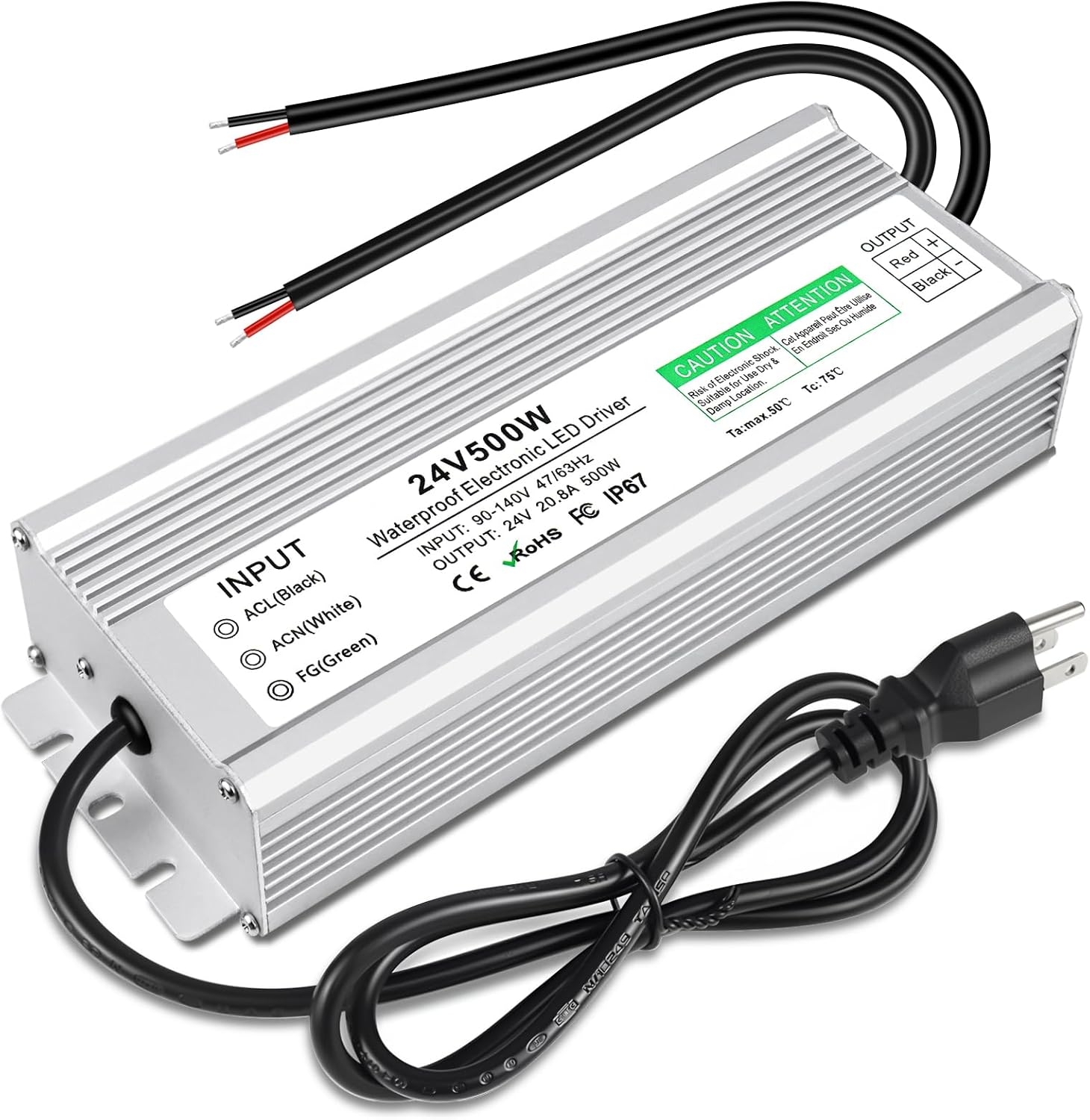 LED Driver 500 Watts 24V DC Low Voltage Transformer, Waterproof IP67 LED Power Supply, Adapter with 3-Prong Plug 3.3 Feet Cable for Any 24V DC led Lights, Computer Project, Outdoor Light