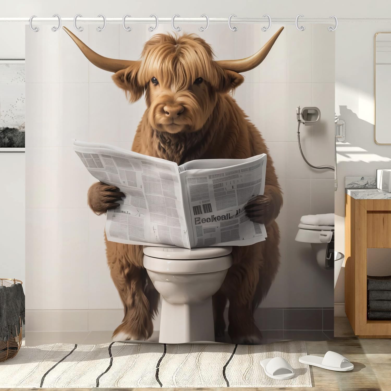 Hnmdmyi Funny Highland Cow Shower Curtain 165x180, Farmhouse Western Animal Cattle Reading Newspaper on Toilet Bathroom Curtains Waterproof Polyester Fabric Washable Bath Curtains with Hooks
