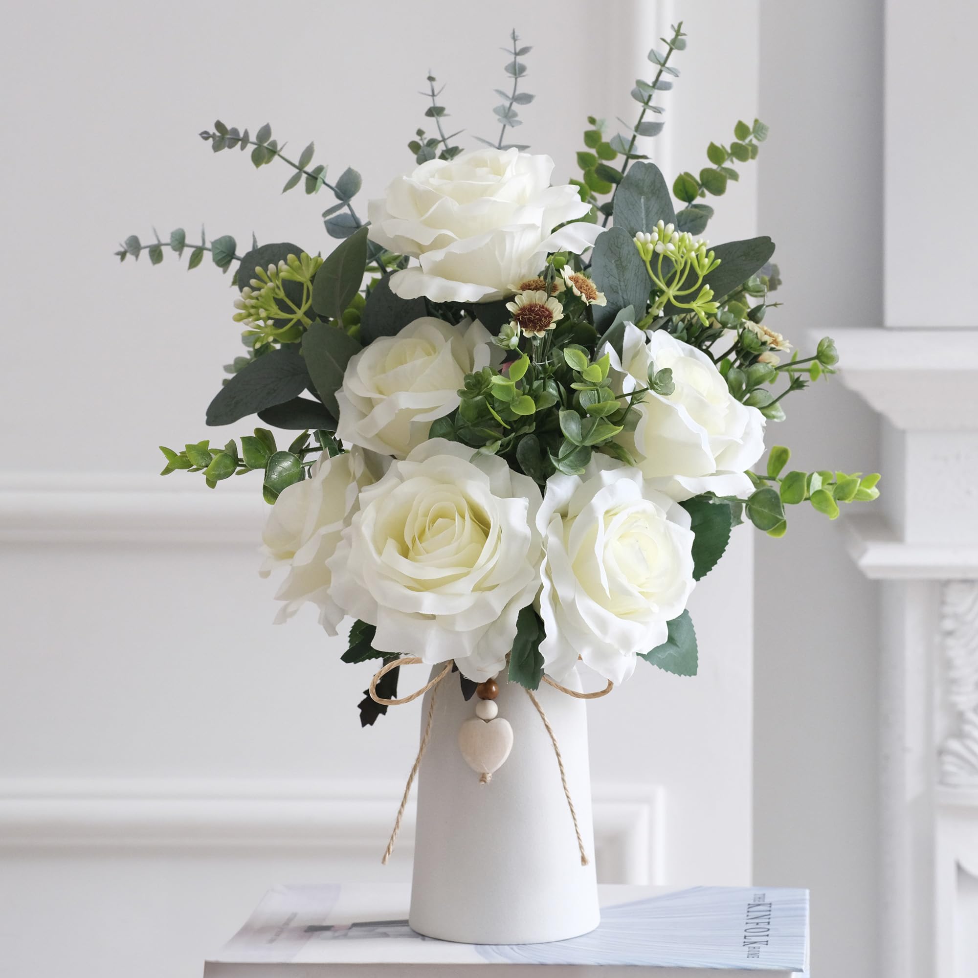 Artificial Rose Flower Arrangements in Ceramic Vase, 16" Faux Dahlia Flowers with Eucalyptus Stems and Decorative Leaves