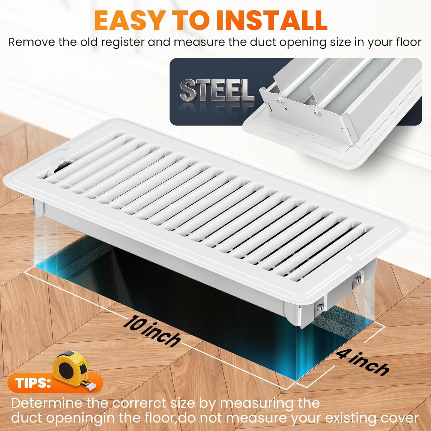 4x10 Floor Register, Heavy Duty Steel Walkable Floor Vents, Easy Adjust Air Supply Lever, Vent Covers for Home, for Sidewall and Floor White 6 Pack