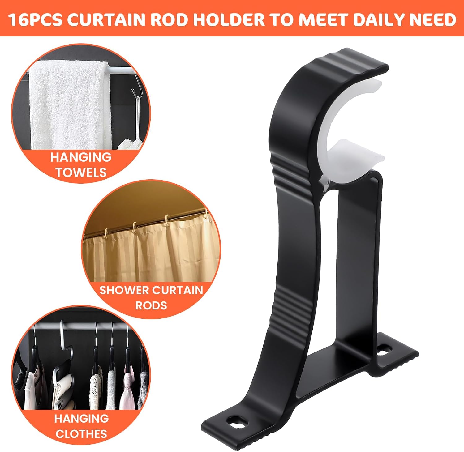 16 Pcs Curtain Rod Bracket Heavy Duty Holders Hooks Hangers Bulk for 1 Inch to 1.2 Inch Wall Single Window Drapery Rod Support with Screws(Black)