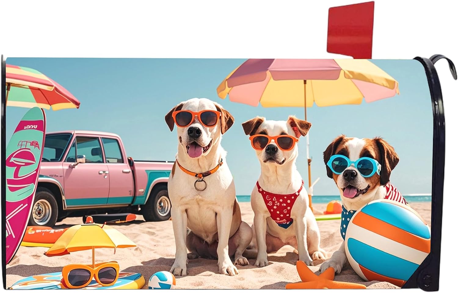 Cute Dogs Print Mailbox Covers Magnetic Standard Size 21" X 18" Dog Themed Waterproof Mail Box Wraps Post Letter Box Covers Garden Yard Home Decor for Outdoor (Summer Beach-B)