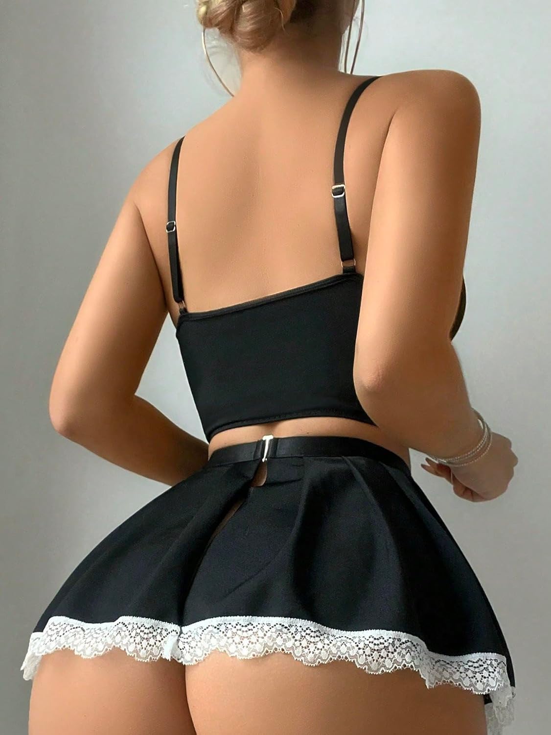 WDIRARA Women's 3 Piece Costume Outfit Contrast Lace Colorblock Bow Front Underwire Maid Lingerie Set