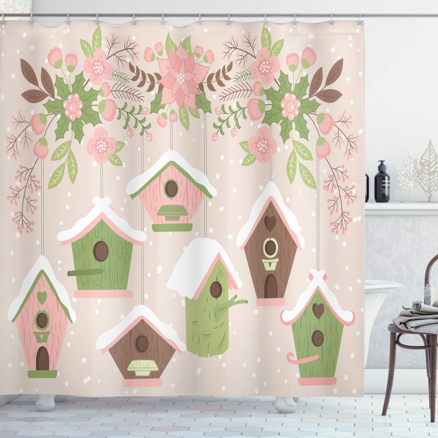 Ambesonne Birdhouse Shower Curtain, Pastel Tone Nests Floral Ornaments Covered in Snow, Cloth Fabric Bathroom Decor Set with Hooks, 69" W x 84" L, Rose Umber Green