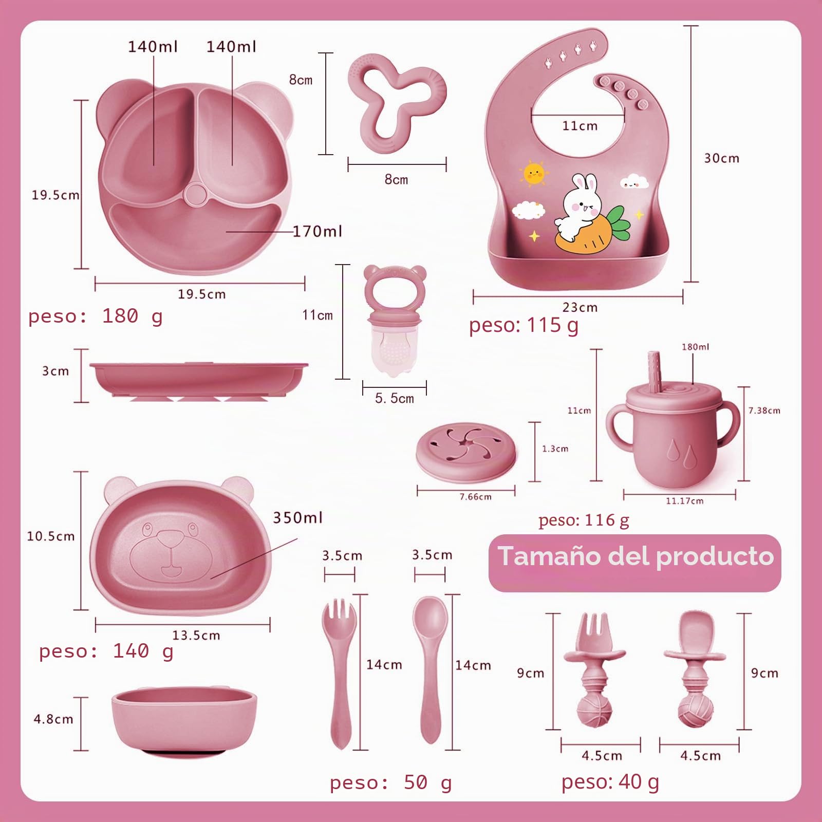 Vajilla Bebe Silicona, 11 Piezas Vajilla de Silicona para Bebés Antideslizante, Cubiertos Bebe para Comer Destete, Con Babero Taza Plato Cuenco, Juegos de Vajilla Bebe, Sin BPA (Rosa oscuro)