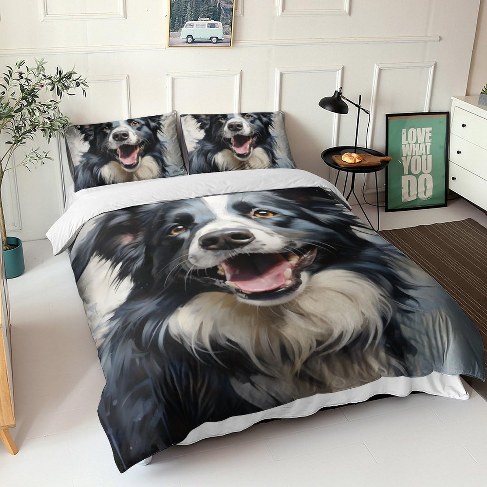 Linge de lit Border Collie 220x240 parure hypoallergénique imprimé animalier 3D SCOOVY King