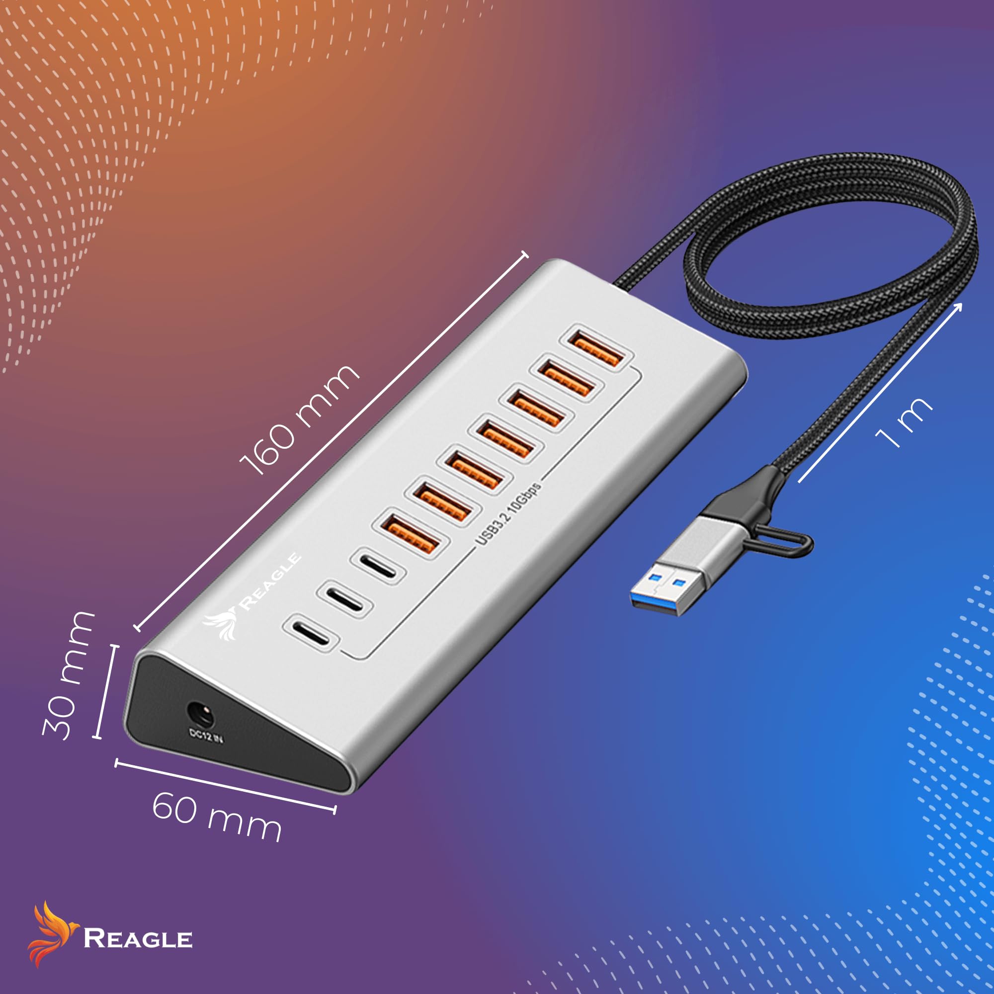 REAGLE 10-portowy koncentrator USB 3.2 z kablem 100 cm do komputera stacjonarnego, 10 w 1, 7 portów USB-A i 3 x USB-C, 36 W, Plug and Play, aluminiowy dystrybutor USB 10 Gb/s, do komputera, laptopa