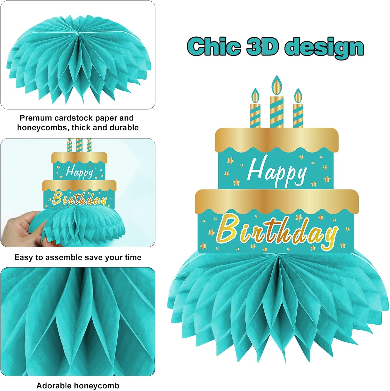 Teal and Gold Birthday Decorations Honeycomb Centerpiece for Women Girls, 8Pcs Breakfast Blue Gold Happy Birthday Table Centerpiece Party Supplies, 16th 21st 30th 40th 50th Birthday Table Topper Decor